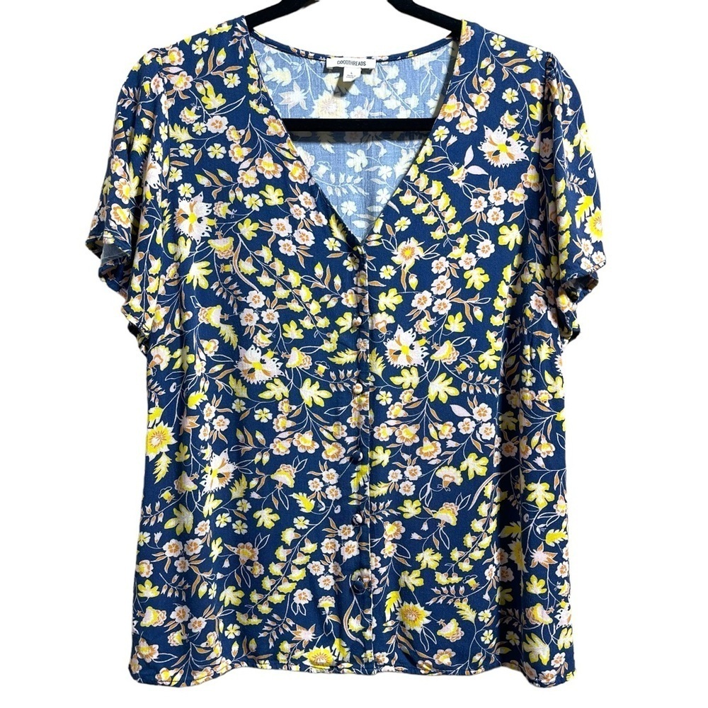 Goodthreads Womenโs Floral Button Up Blouse Flutter Sleeve Size Large